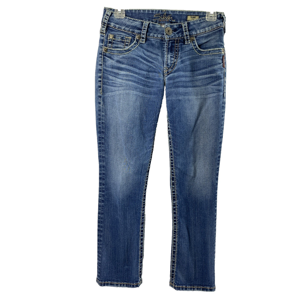 Silver Suki Capri Jeans Womens Size 27 Medium Wash Denim Low Rise Distress